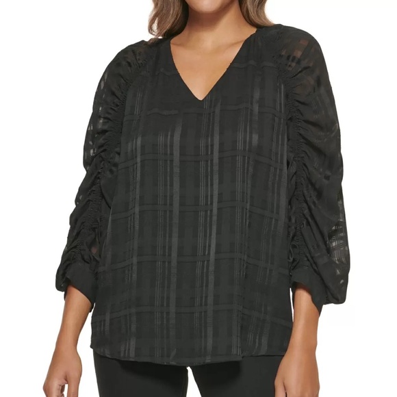 Calvin Klein Tops - Calvin Klein Sheer Plaid Jacquard V-Neck Puff Ruched Sleeve Top Black Medium NWT